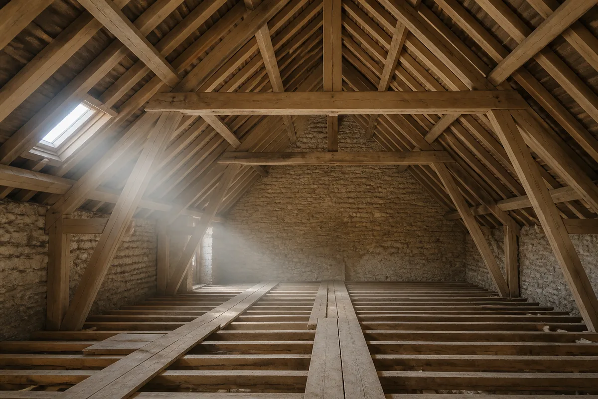 Comble sous charpente traditionnelle en bois clair, plancher brut, lumière traversante par une fenêtre de toit