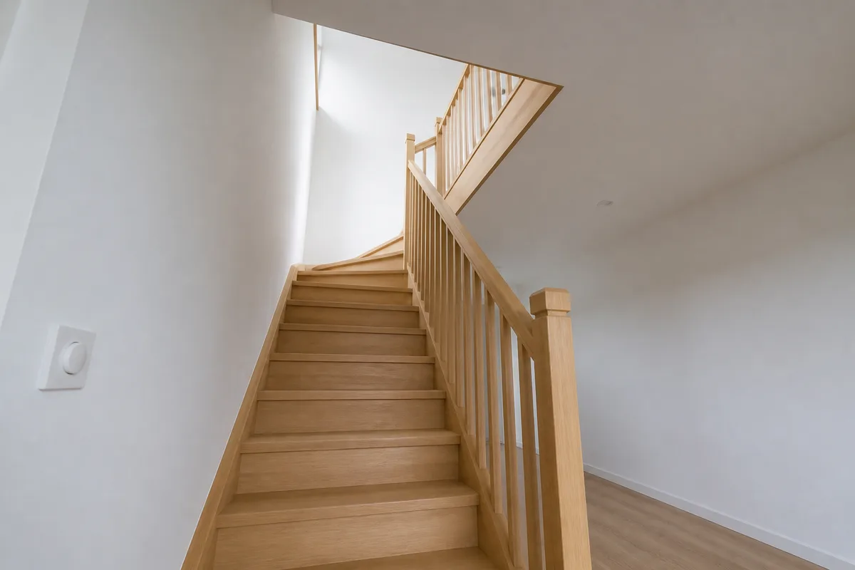 Escalier bois neuf desservant un comble aménagé, murs en plaques de plâtre finies, cadrage large en contre-plongée