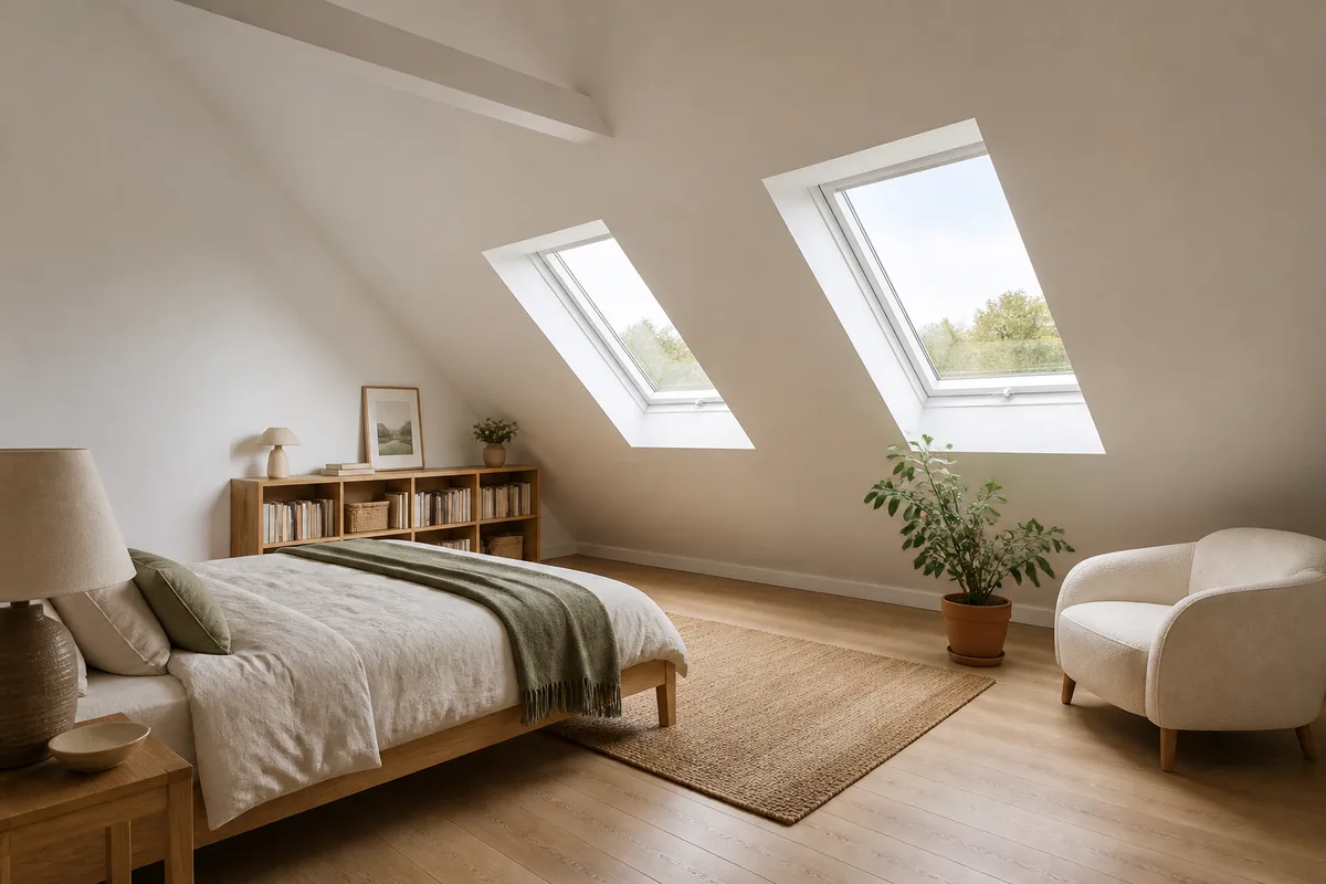 Pièce aménagée sous rampants terminée, parquet clair, mobilier bas, lumière du jour par deux fenêtres de toit
