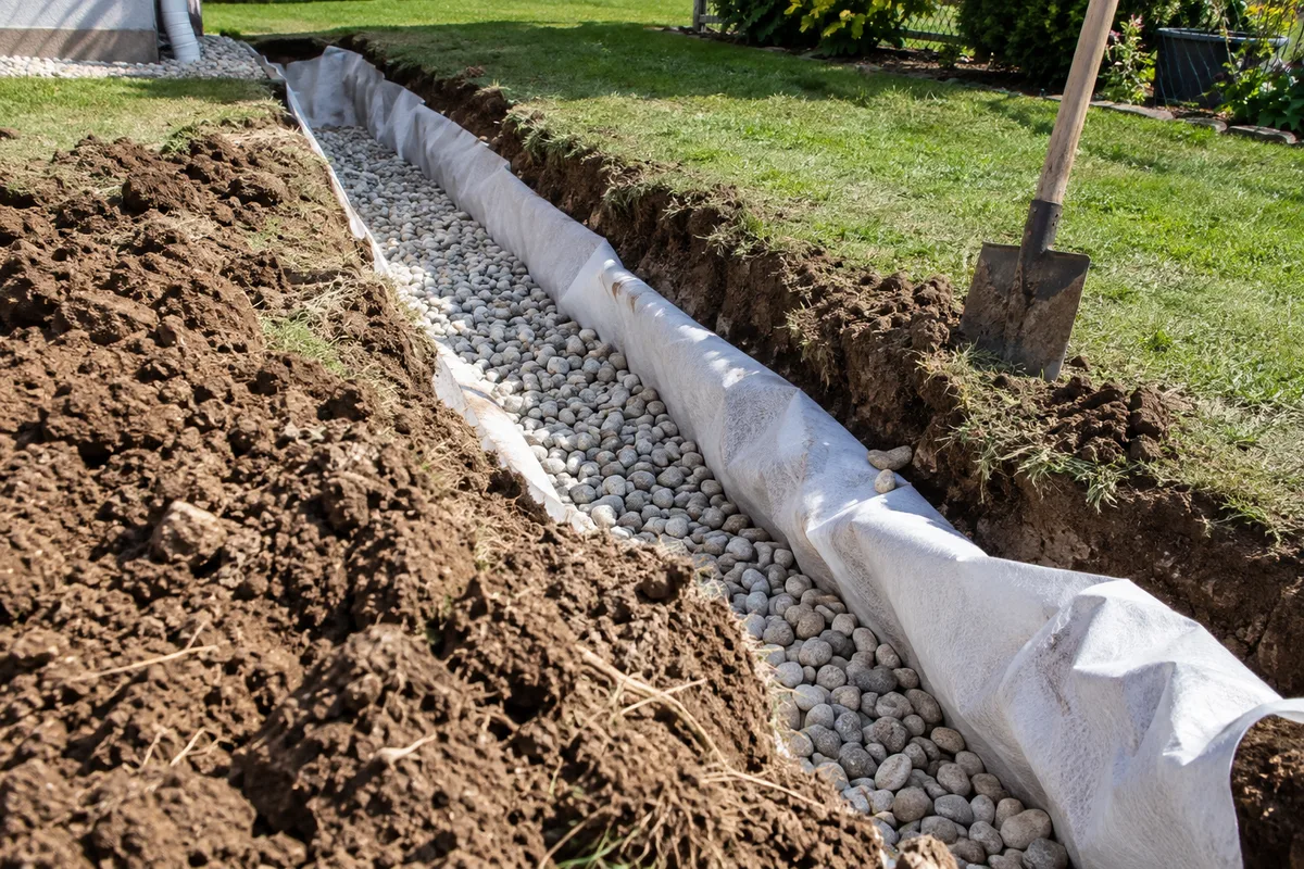 Tranchée d&rsquo;infiltration en gravier ouverte dans un jardin avec géotextile blanc replié et pelle plantée dans la terre