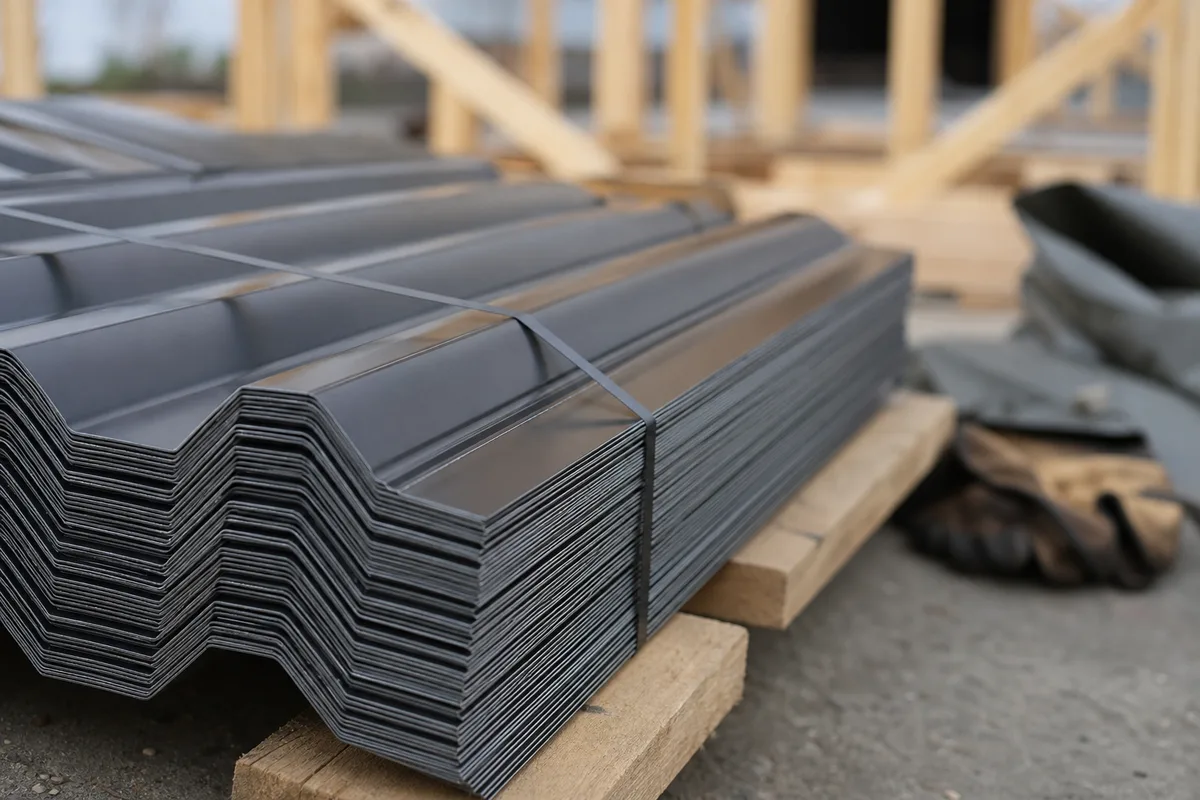 Plaques de bac acier nervurées gris anthracite empilées sur un chantier de couverture