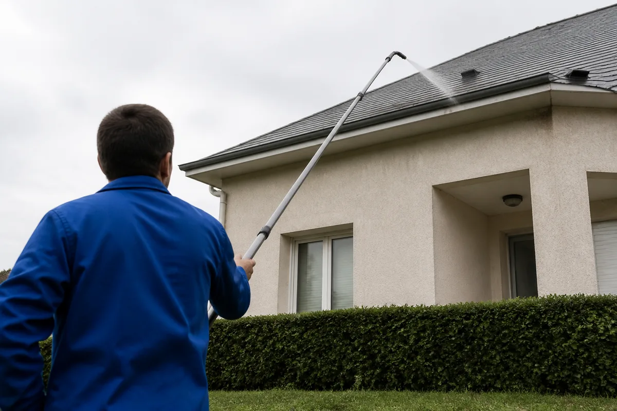 Perche télescopique de nettoyage passant dans un chéneau depuis le sol devant une maison