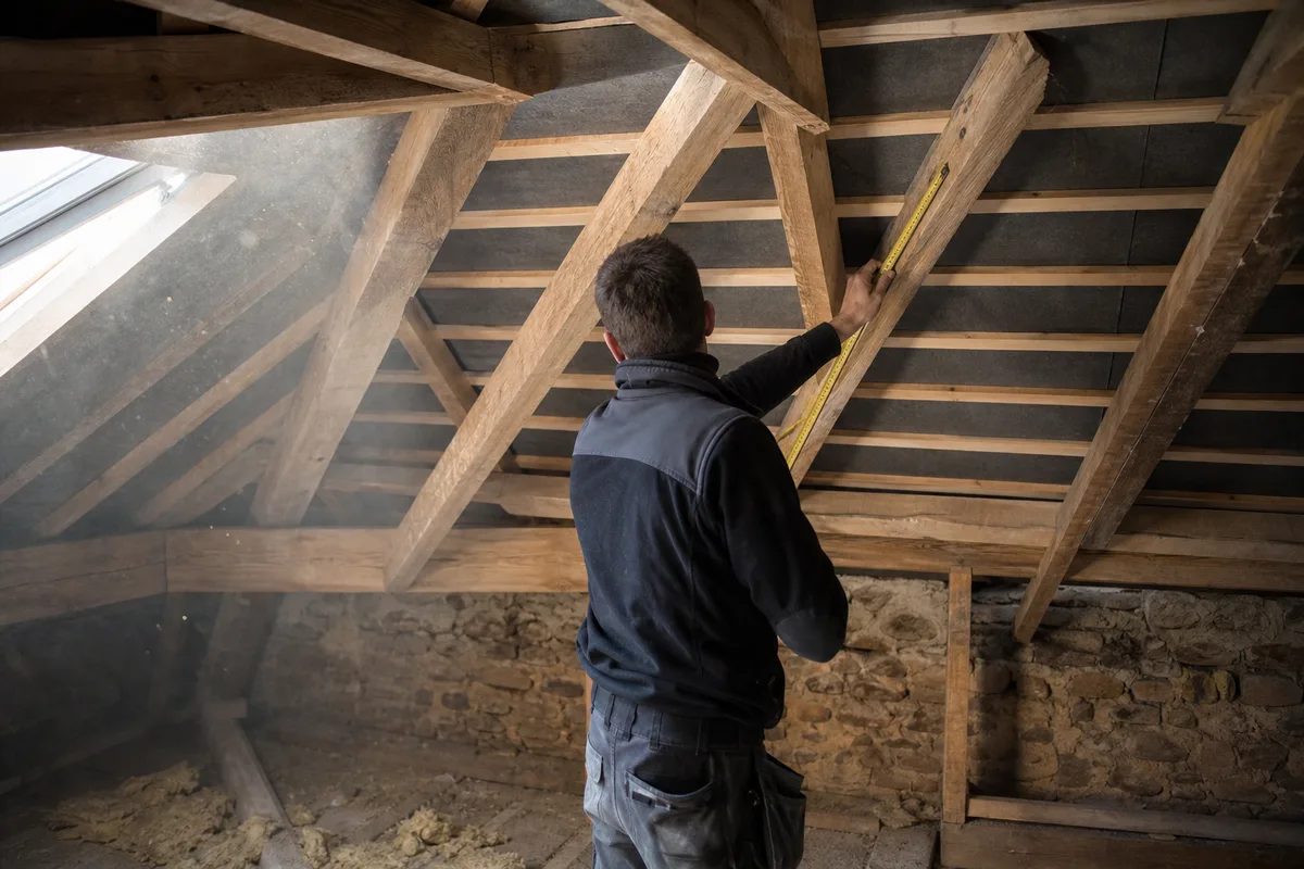 Couvreur mesurant l&rsquo;écartement des chevrons depuis l&rsquo;intérieur d&rsquo;un comble non aménagé