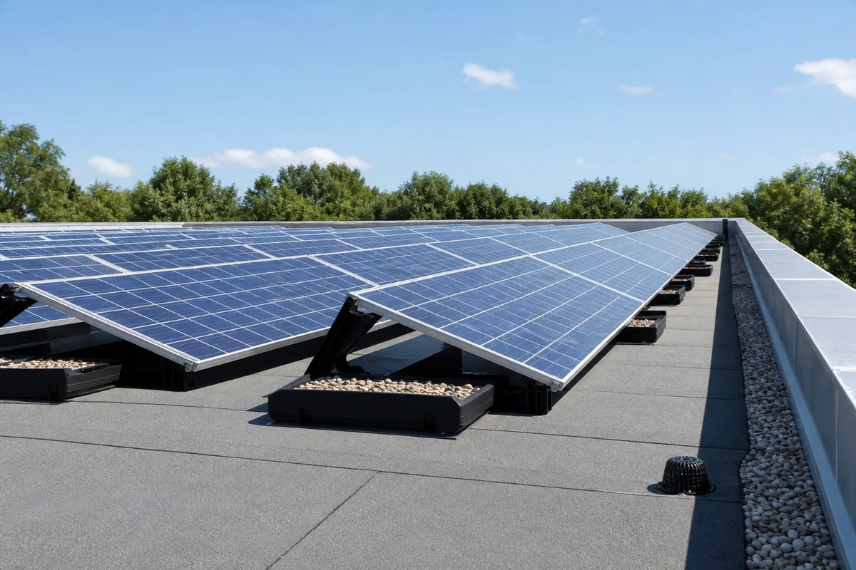 Plots lestés supportant des panneaux solaires sur une toiture-terrasse en membrane bitumineuse