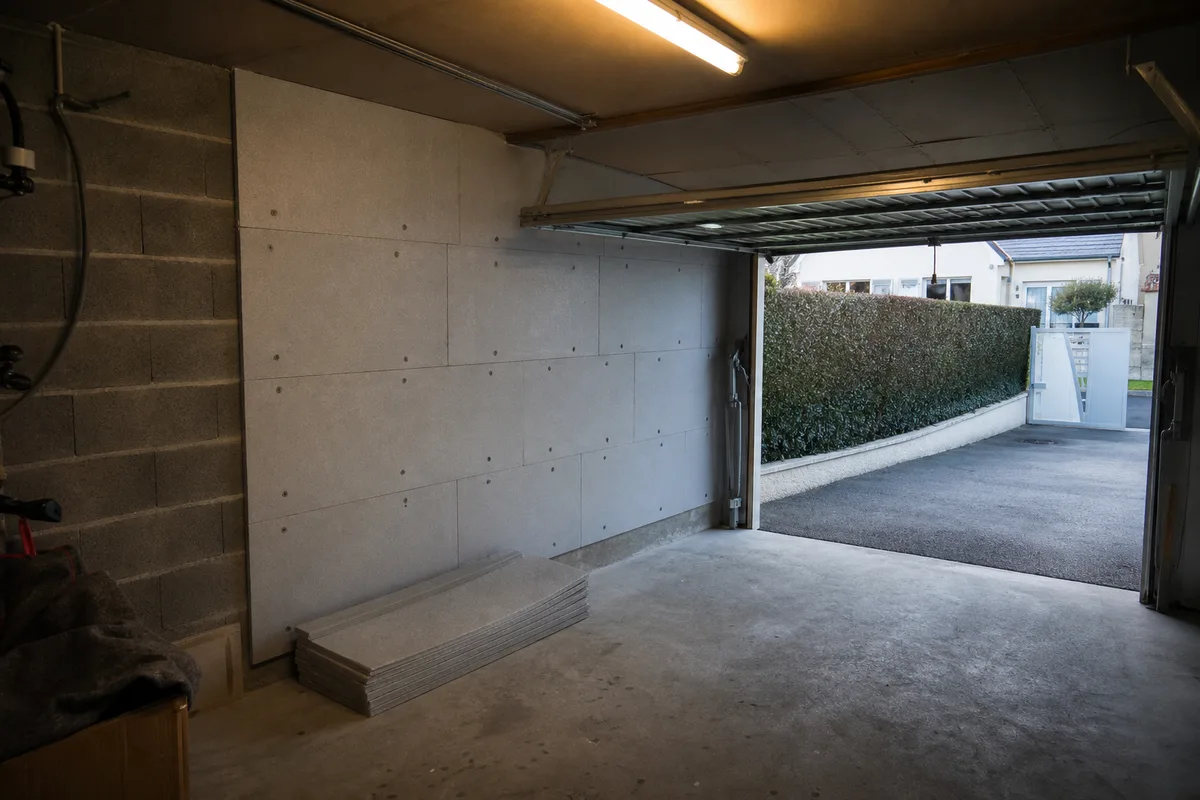 Garage attenant à une maison avec panneaux isolants posés au mur