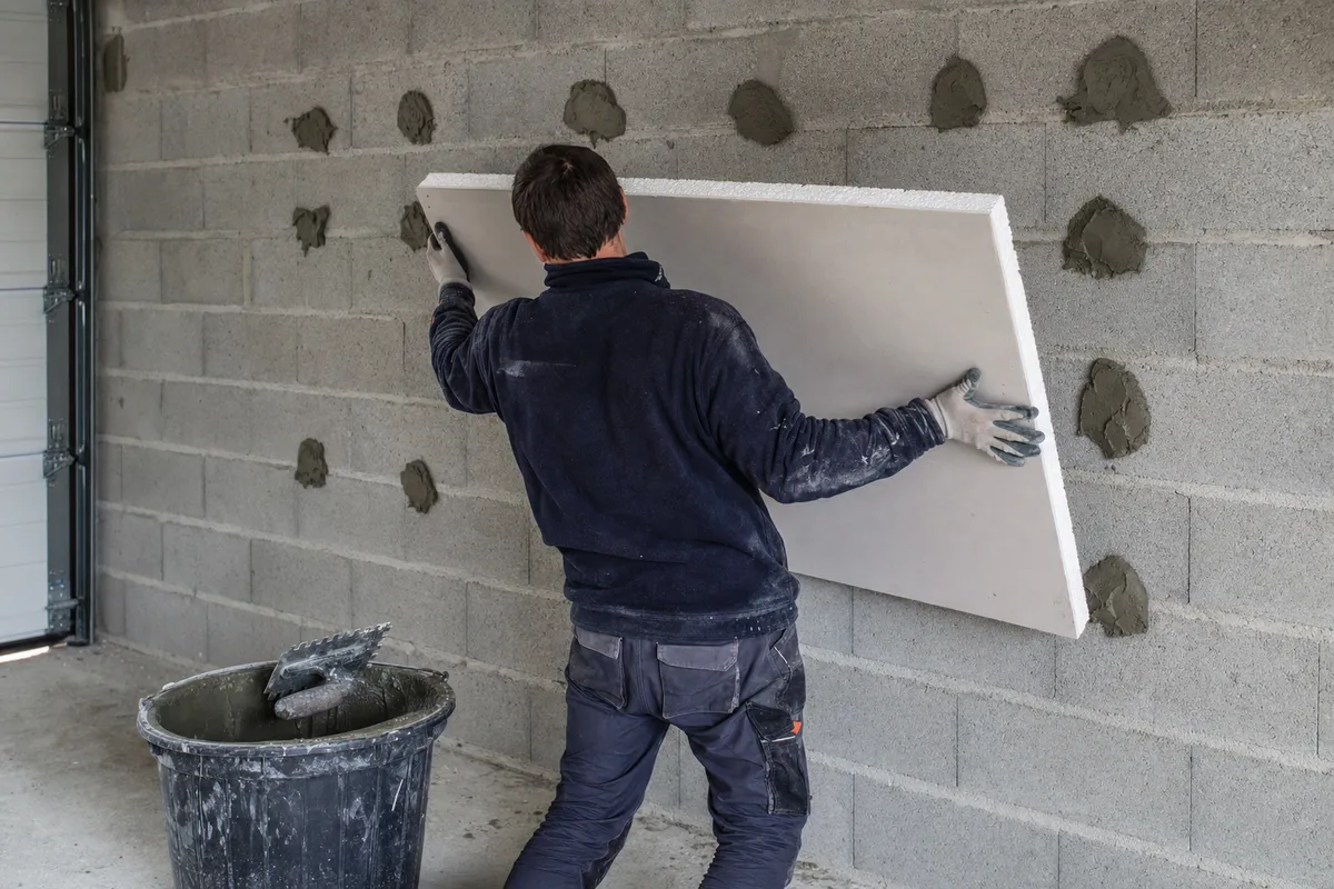 Pose de panneaux de doublage isolant sur un mur de garage en parpaing