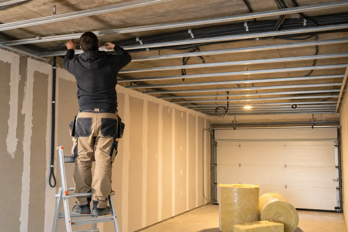 Artisan installant un plafond isolant suspendu dans un garage