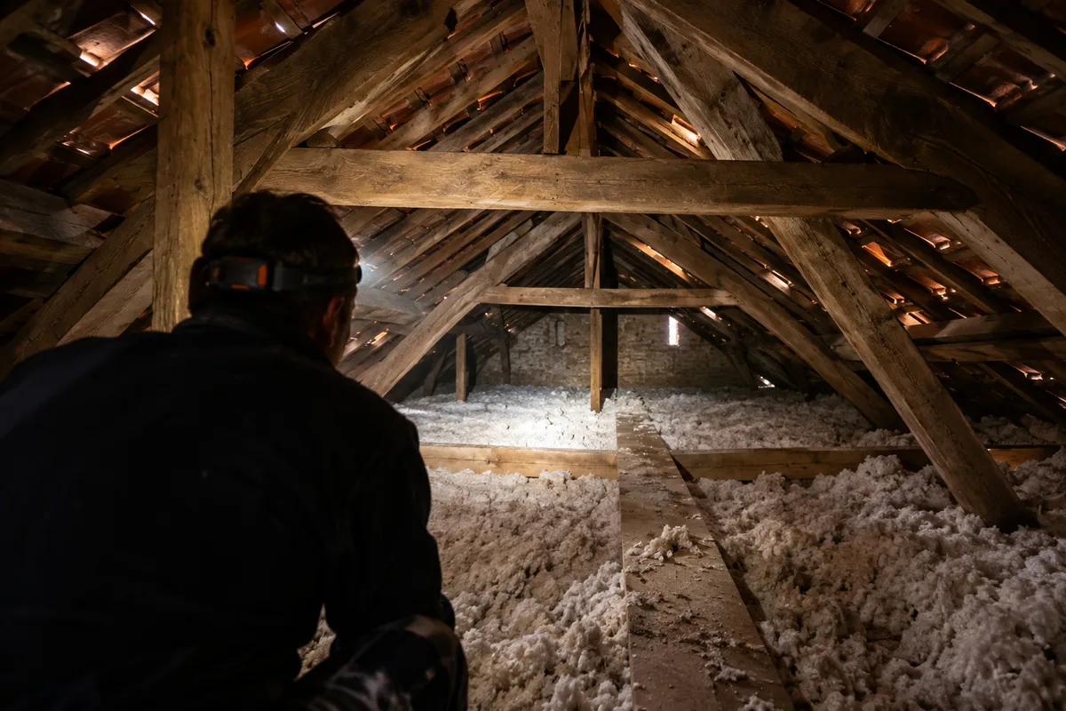 Charpente de combles perdus éclairée par une lampe frontale, isolant soufflé clair recouvrant le plancher
