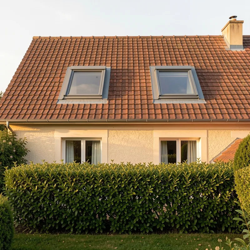 Grande fenêtre de toit posée sur un rampant de tuiles, vue extérieure de la maison depuis le jardin