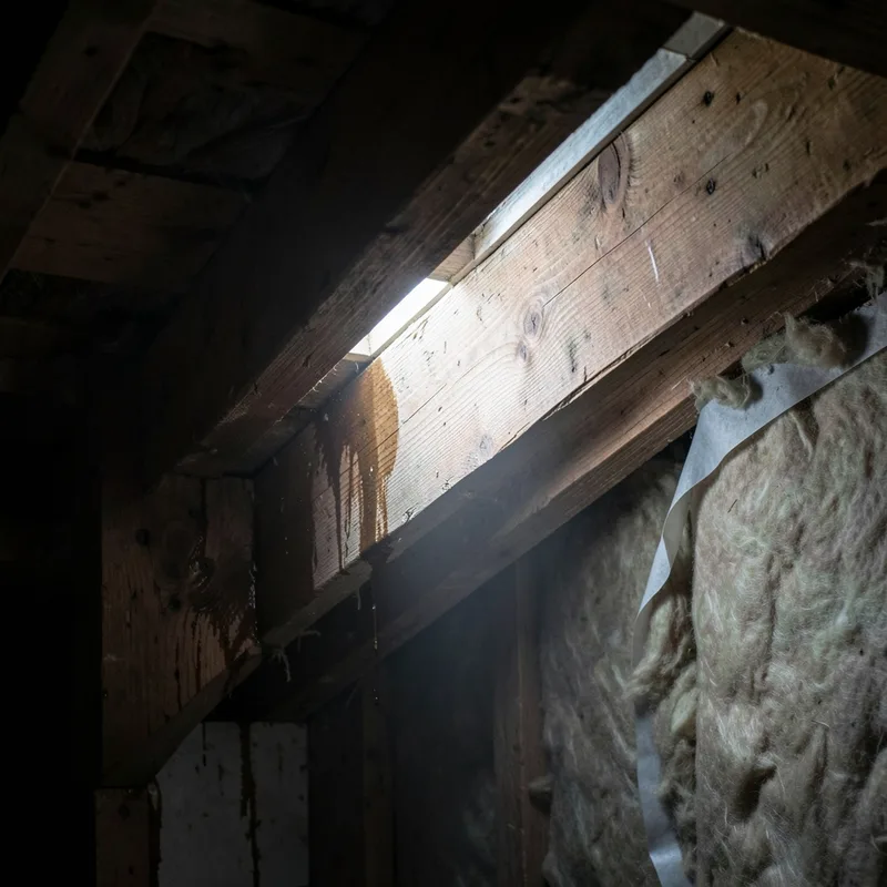 Trace d&rsquo;humidité sur la sous-face d&rsquo;un chevêtre en bois autour d&rsquo;une fenêtre de toit, vue depuis le comble