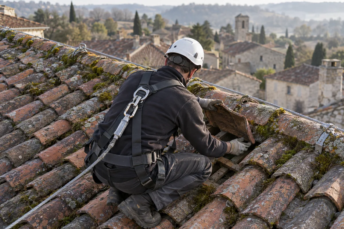 Couvreur vu de dos, en harnais, inspectant des tuiles anciennes sur un toit avant une pose solaire