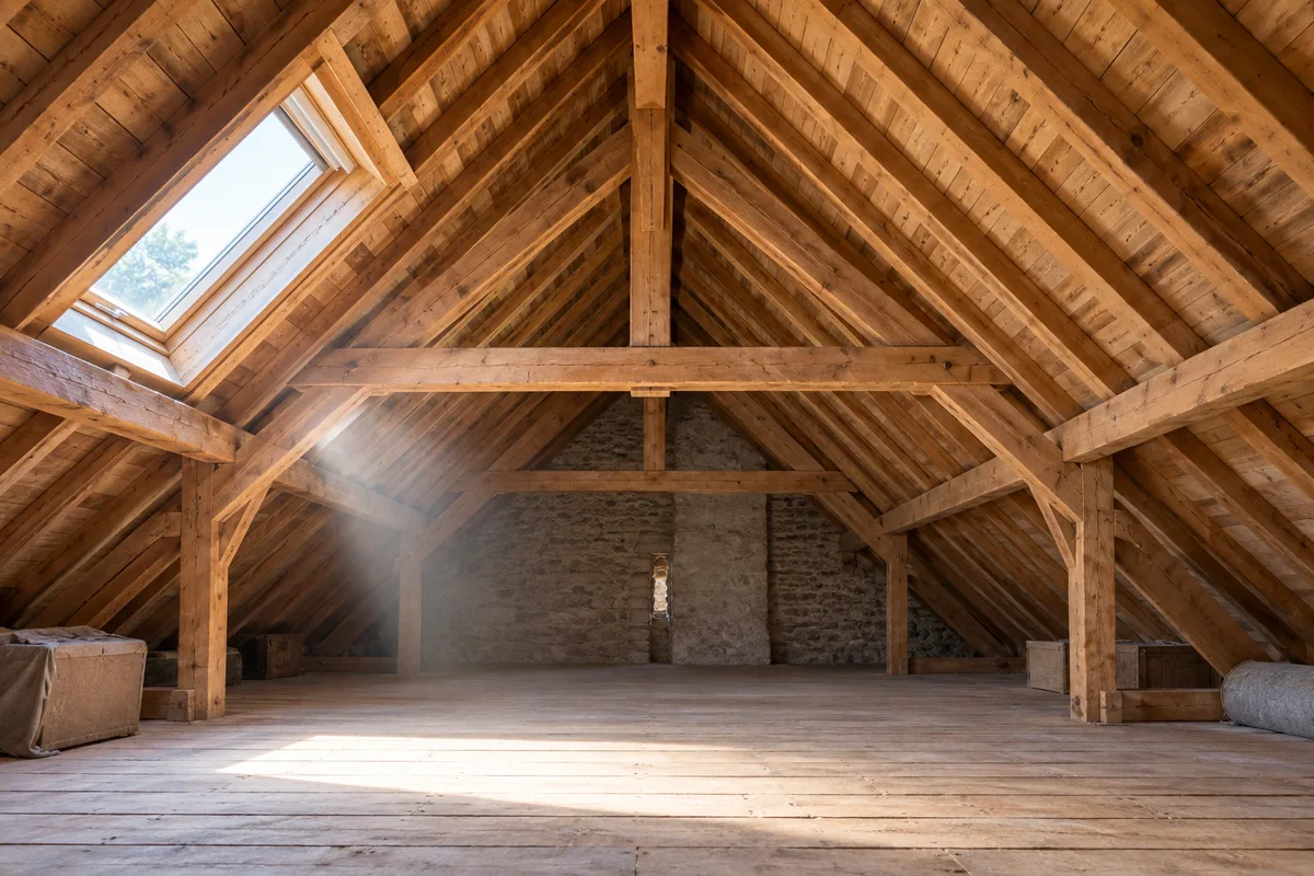 Charpente en bois vue depuis des combles lumineux, chevrons et pannes apparents avant isolation
