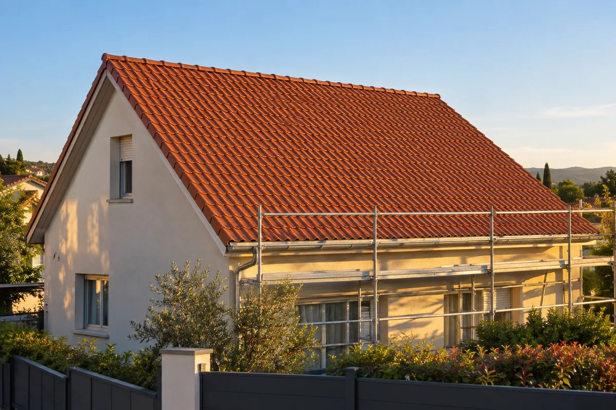 Toiture neuve en tuiles terre cuite rouges, prête à recevoir des panneaux solaires