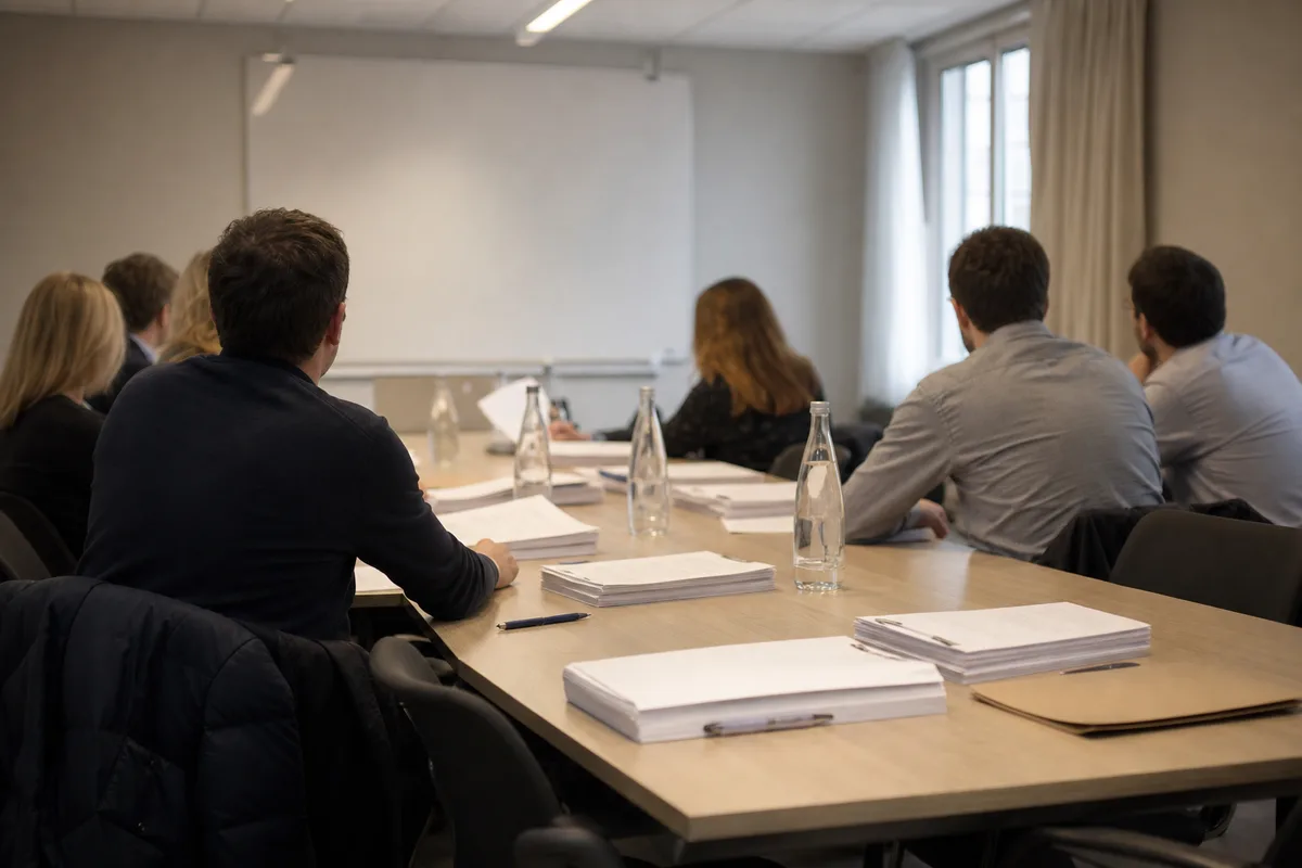 Assemblée générale de copropriété autour d’une table, devis de couverture et bulletins de vote étalés