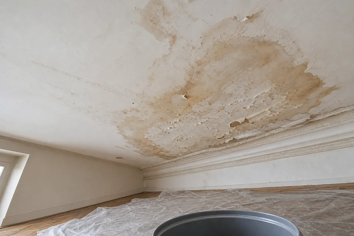Auréole d’infiltration sur un plafond blanc sous une charpente, peinture cloquée