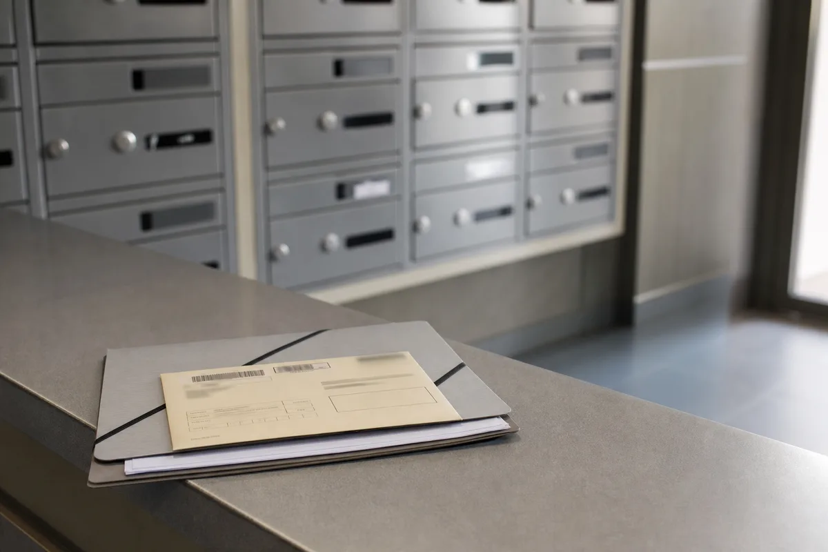 Boîte aux lettres d’immeuble avec un avis de réception de lettre recommandée et un dossier de copropriété