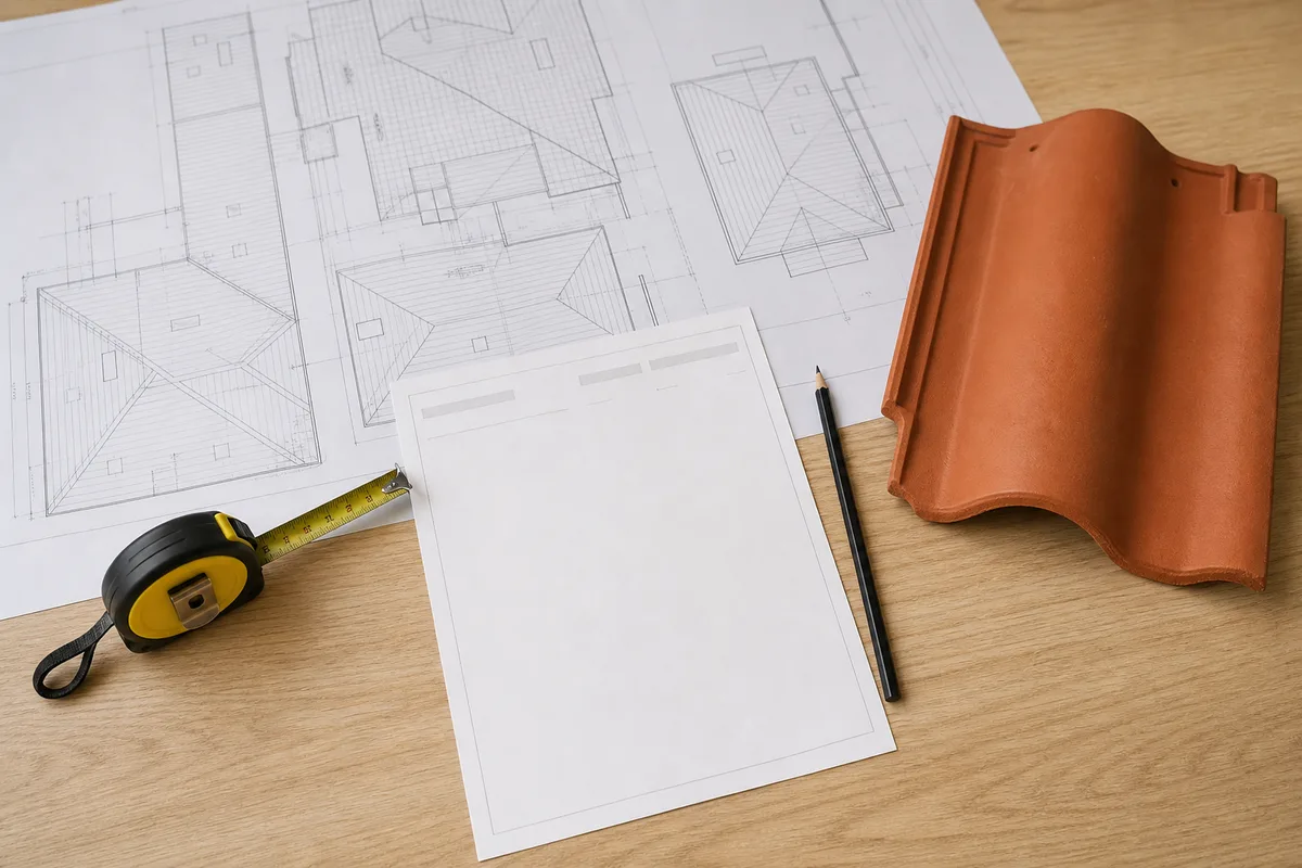 Dossier de déclaration préalable et plans de toiture posés sur une table