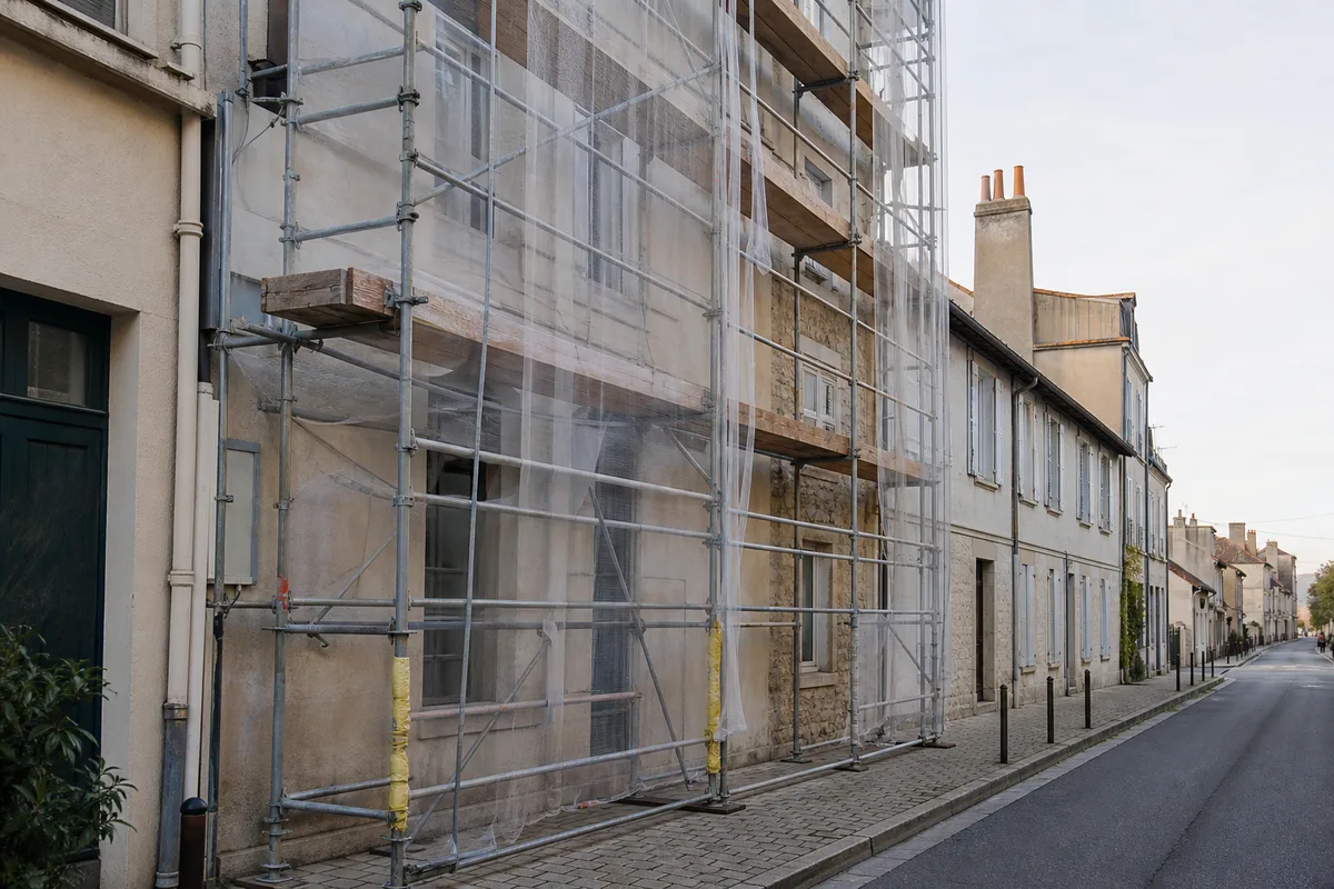 Échafaudage installé le long d&rsquo;une façade de maison sur un trottoir de rue française